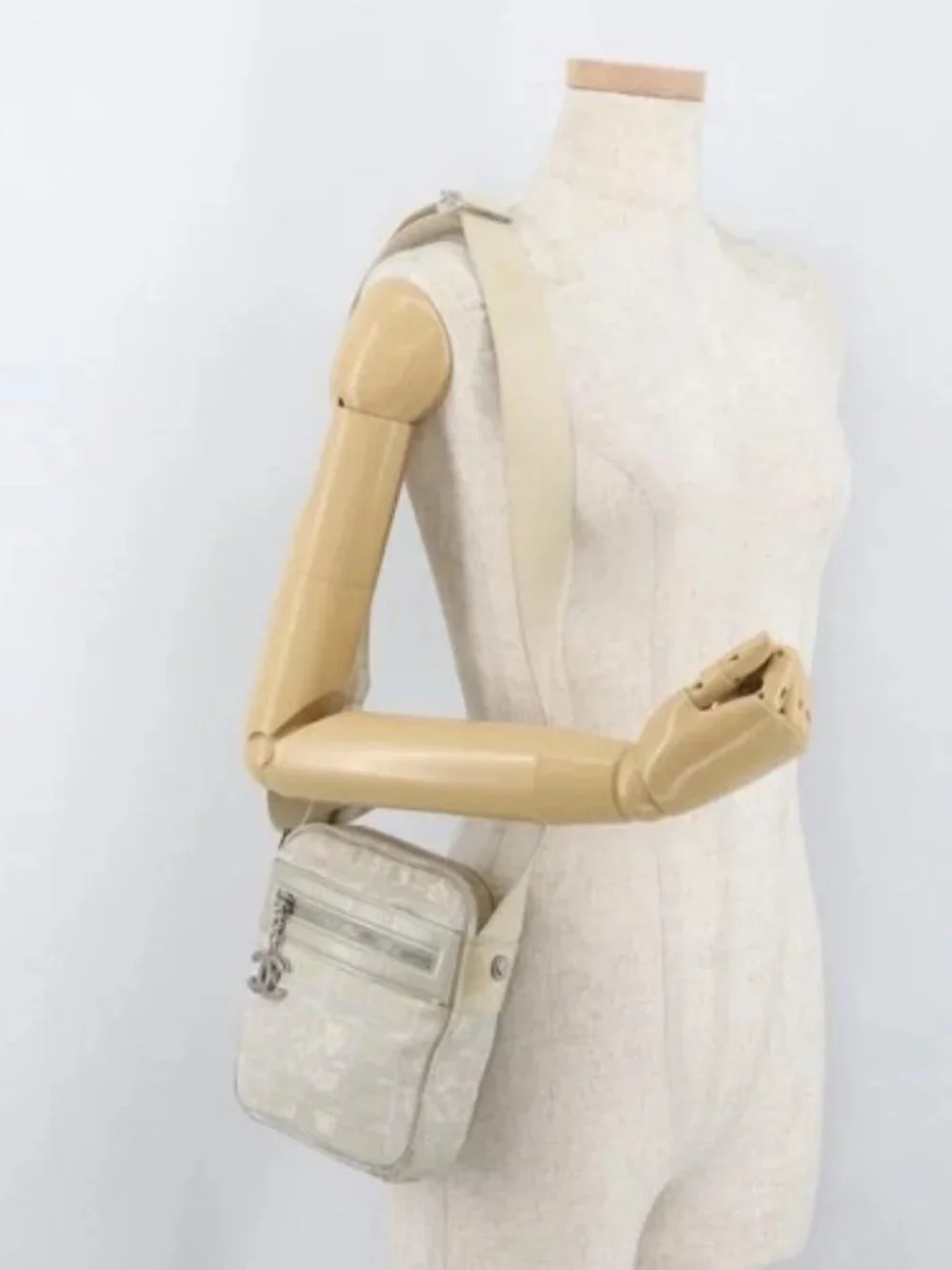CHANEL New Travel line Shoulder Bag Nylon Beige CC Auth ka3980A